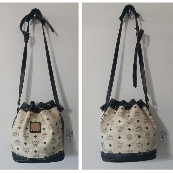 Vtg. MCM Drawstring Viestos Bucket Bag NAVY WHITE C7594 - Picture 1 of 16